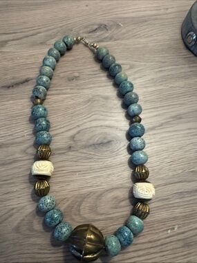 Gold-Accent Teal Beaded Necklace with Carved Cream Focal Beads